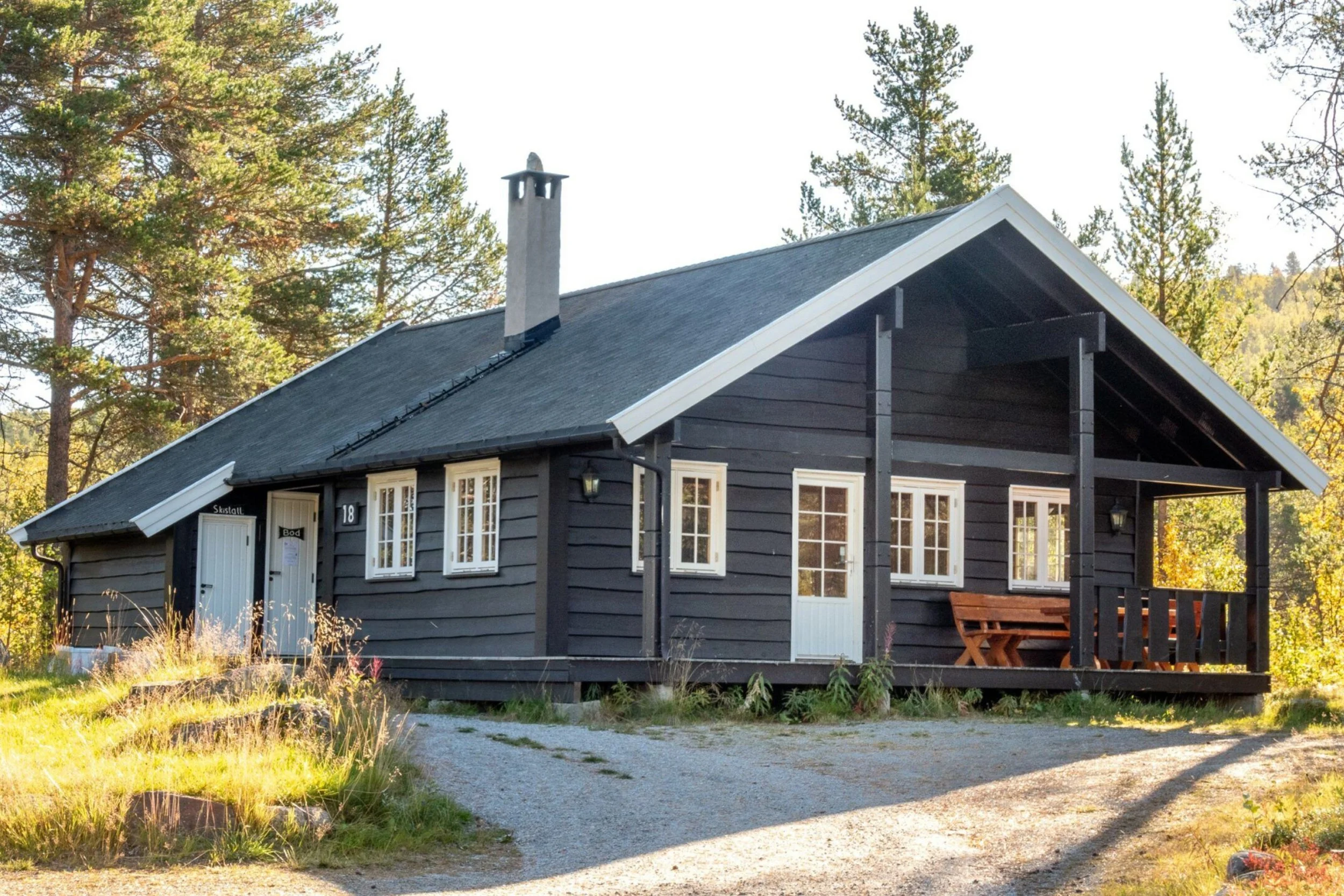 Eksteriør av hytte i landlige omgivelser. Foto