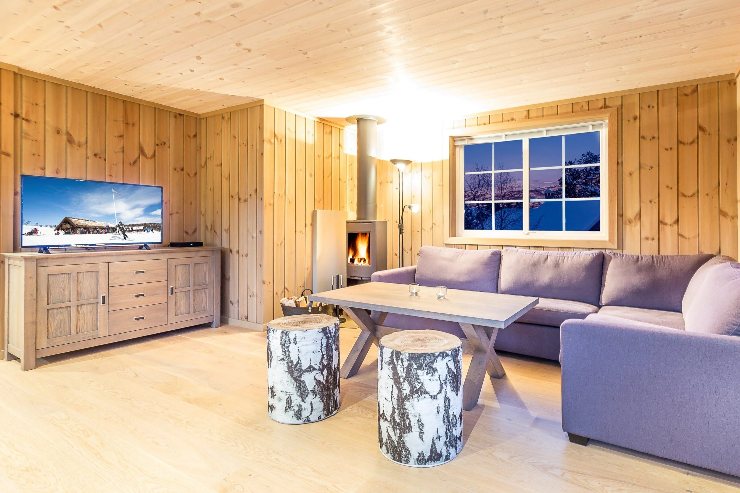 Stue med sofa, TV og peis. Foto