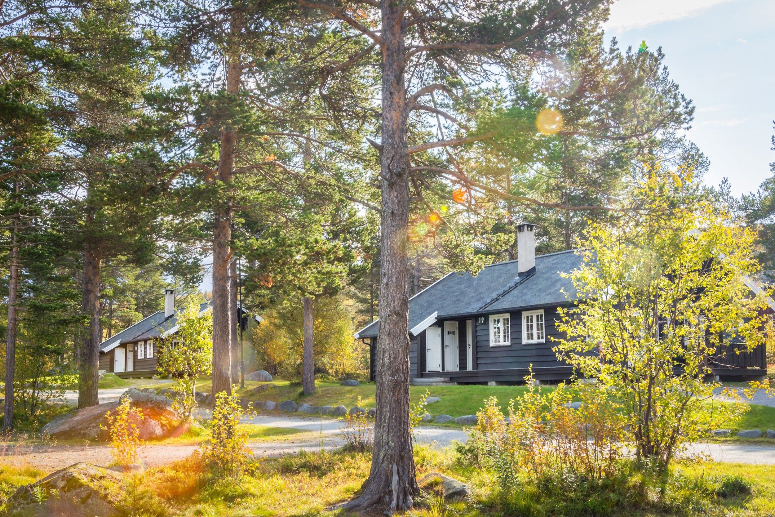 Eksteriør av hytte i grønne, landlige omgivelser. Foto