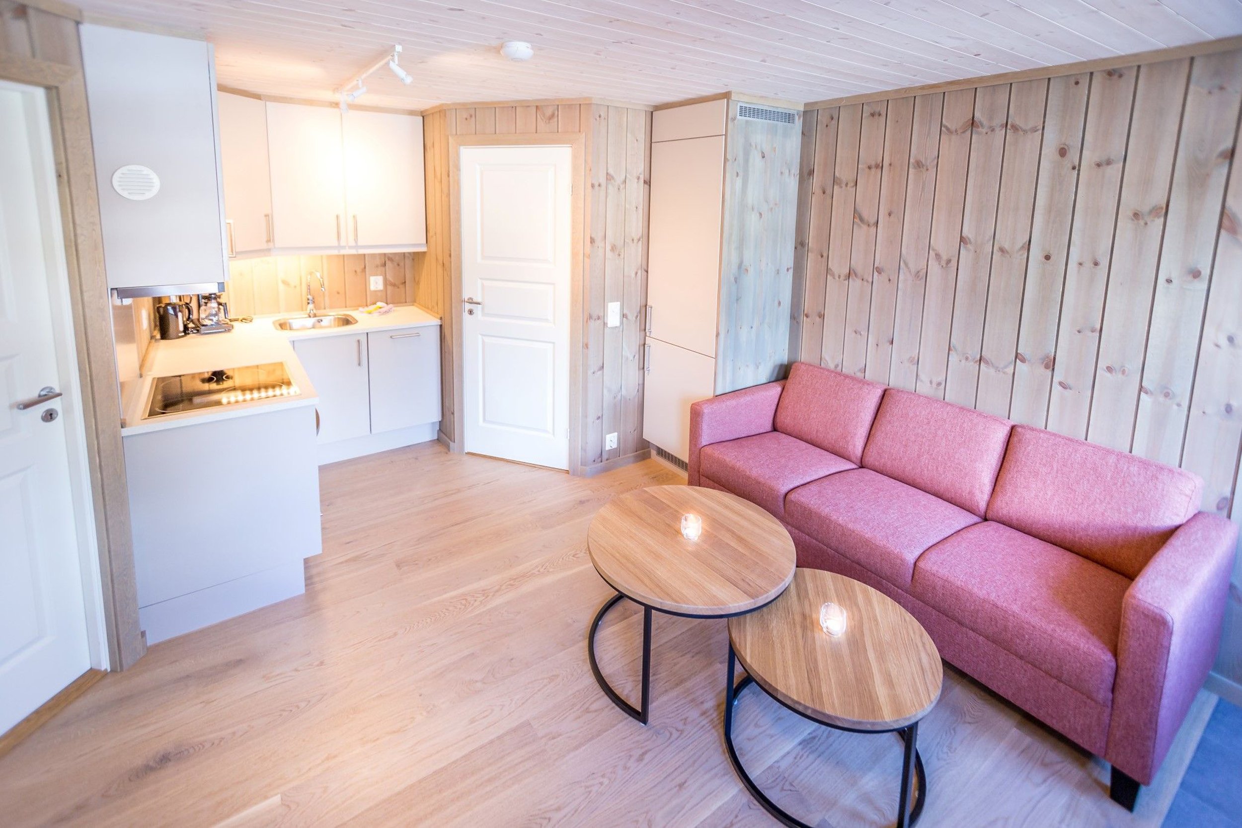 Leilighet med åpen stue- og kjøkkenløsning. Liten kjøkkenkrok og sofa med sofabord. Foto