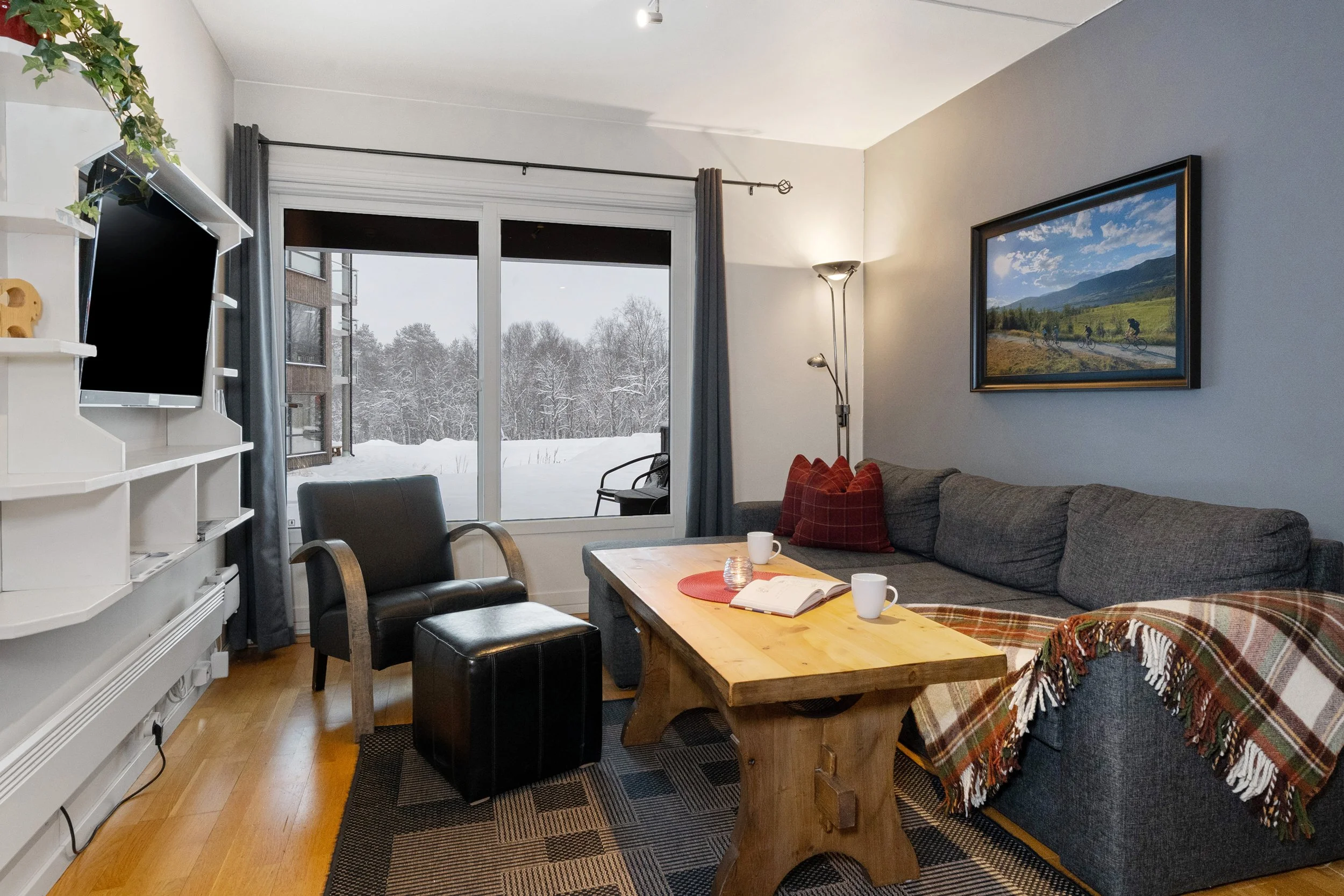 Stue med sofa, sofabord og tv. Stort vindu og terrassedør ut mot uteplass. Foto