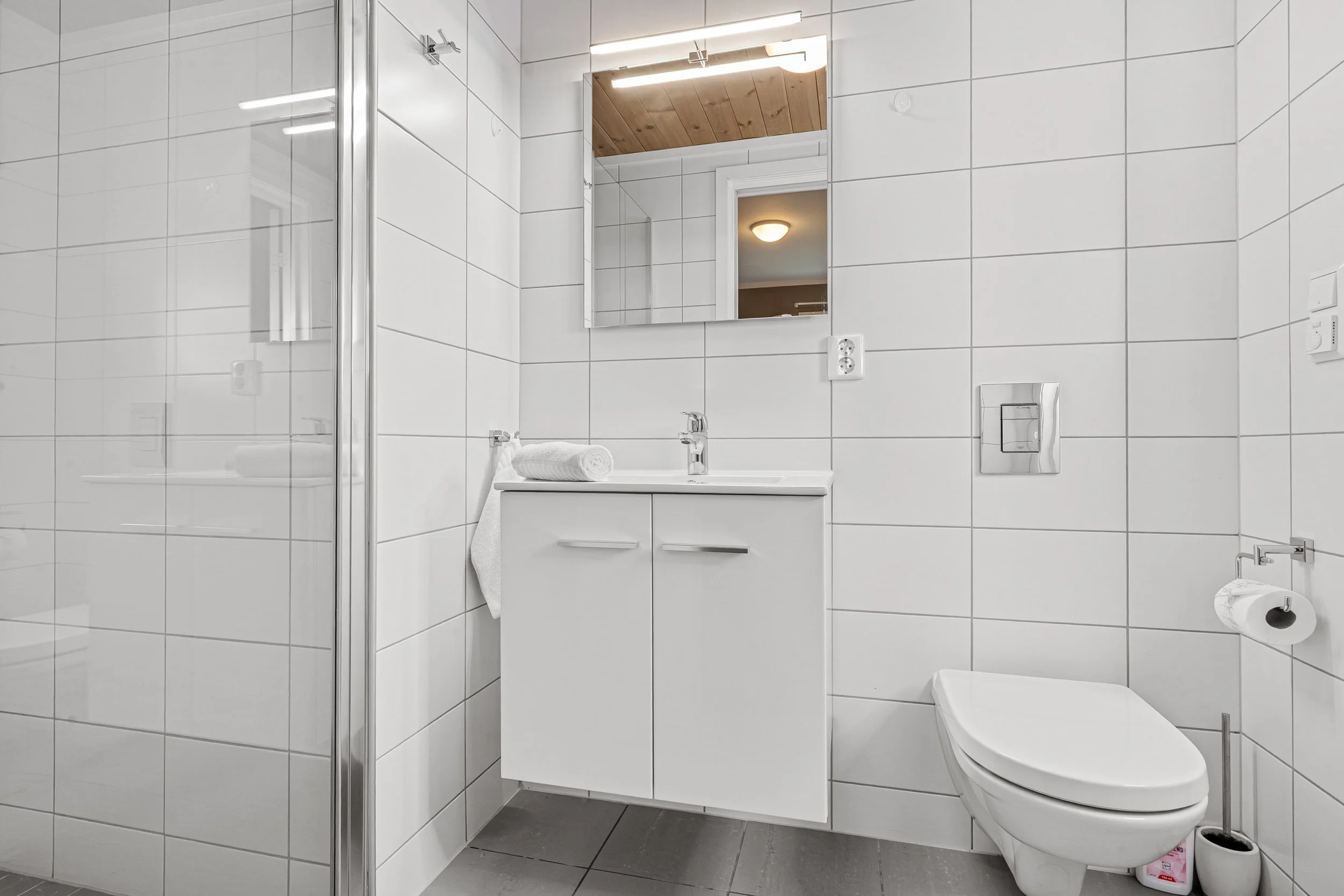 Bathroom with toilet and shower. Photo