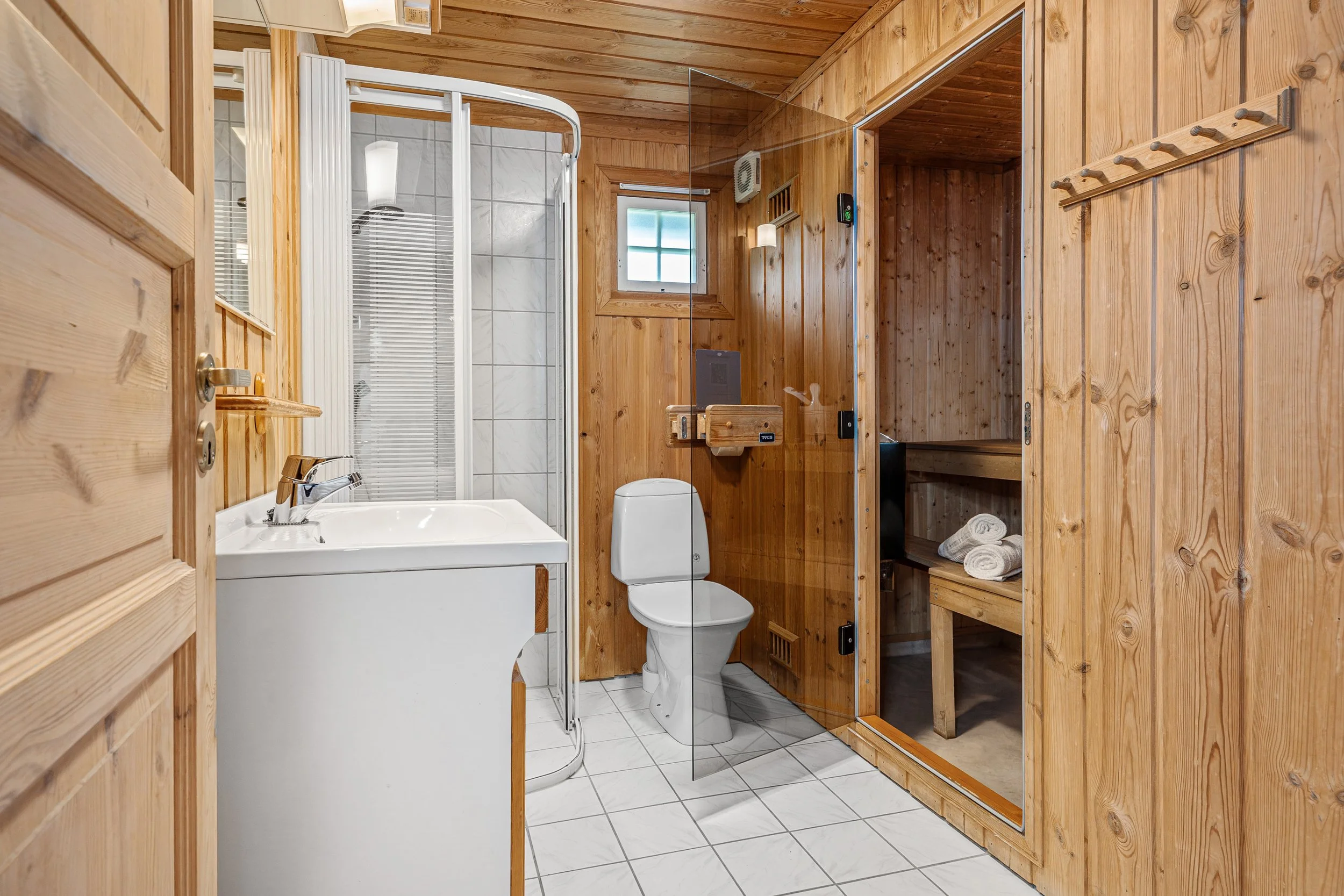 Bathroom with toilet, sink, shower and sauna. Photo