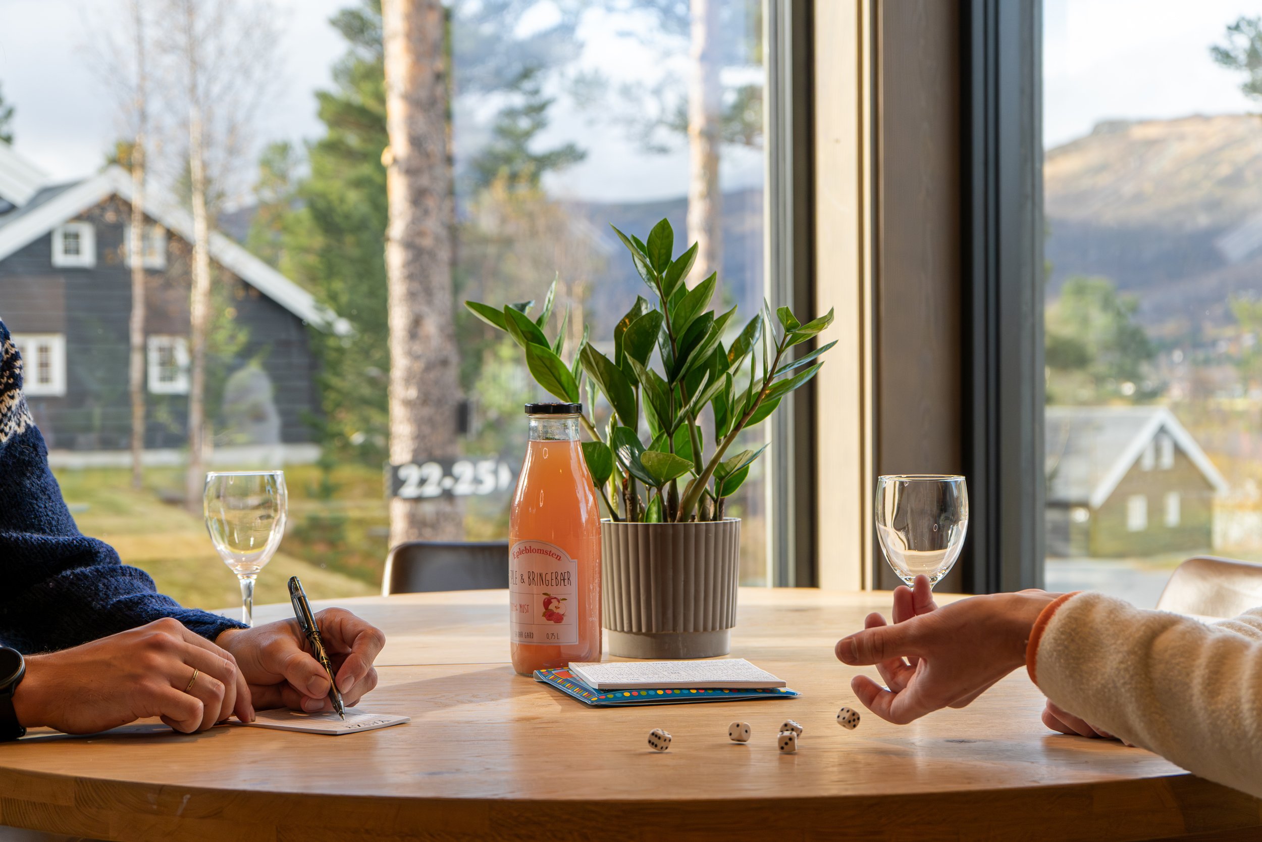 Nærbilde av to hender som spiller Yatzy på hytte. Foto