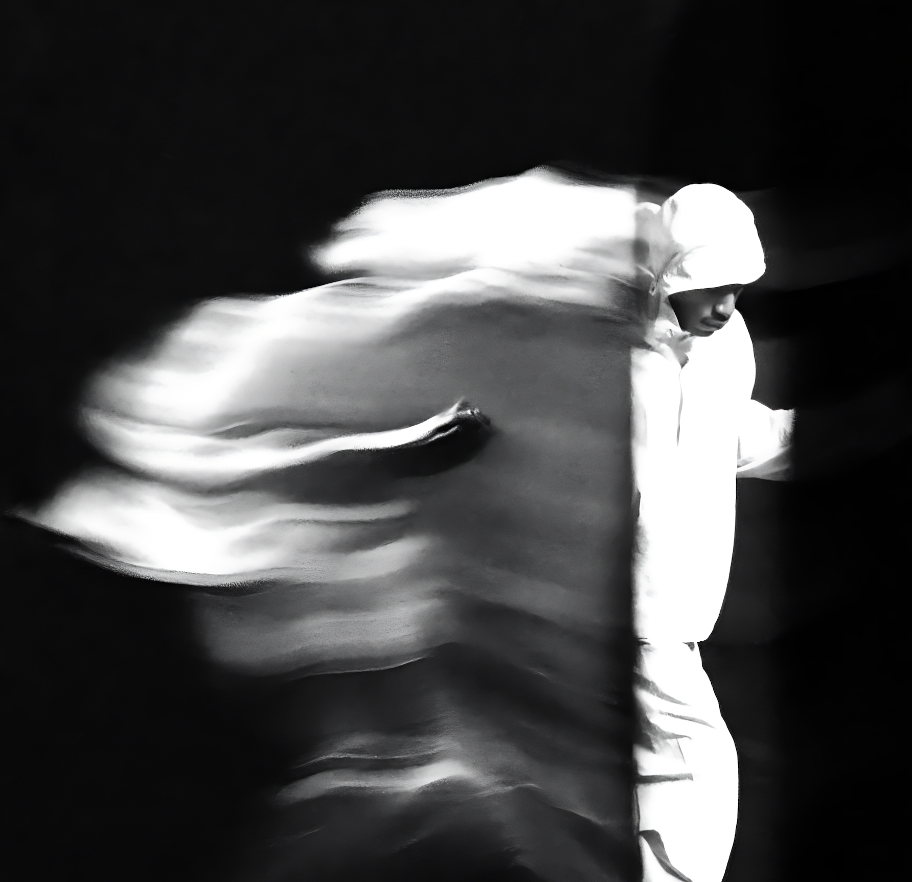 En person i vit klädsel med huva, som rör sig genom mörker, omgiven av ljusreflekterande hastigheter eller rörelse.