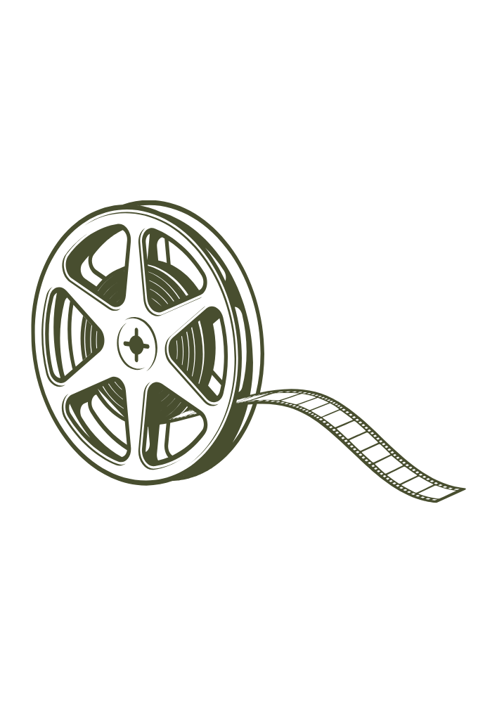 Zeichnung eines alten Filmprojektors mit filmpatrone auf schwarzem Hintergrund.