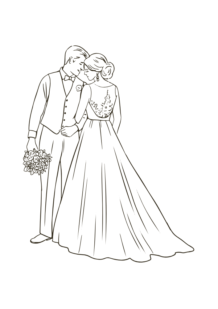 Eine romantische Skizze eines Paares in Hochzeitskleidung, die sich nahe stehen und sich an die Stirn berühren, mit einem Blumenstrauß in der Hand des Mannes.
