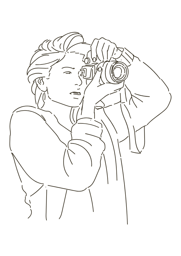 Skizzierte Darstellung eines Mannes oder einer Frau, die eine Kamera hält und fotografiert, mit Locken im Haar, auf schwarzem Hintergrund.