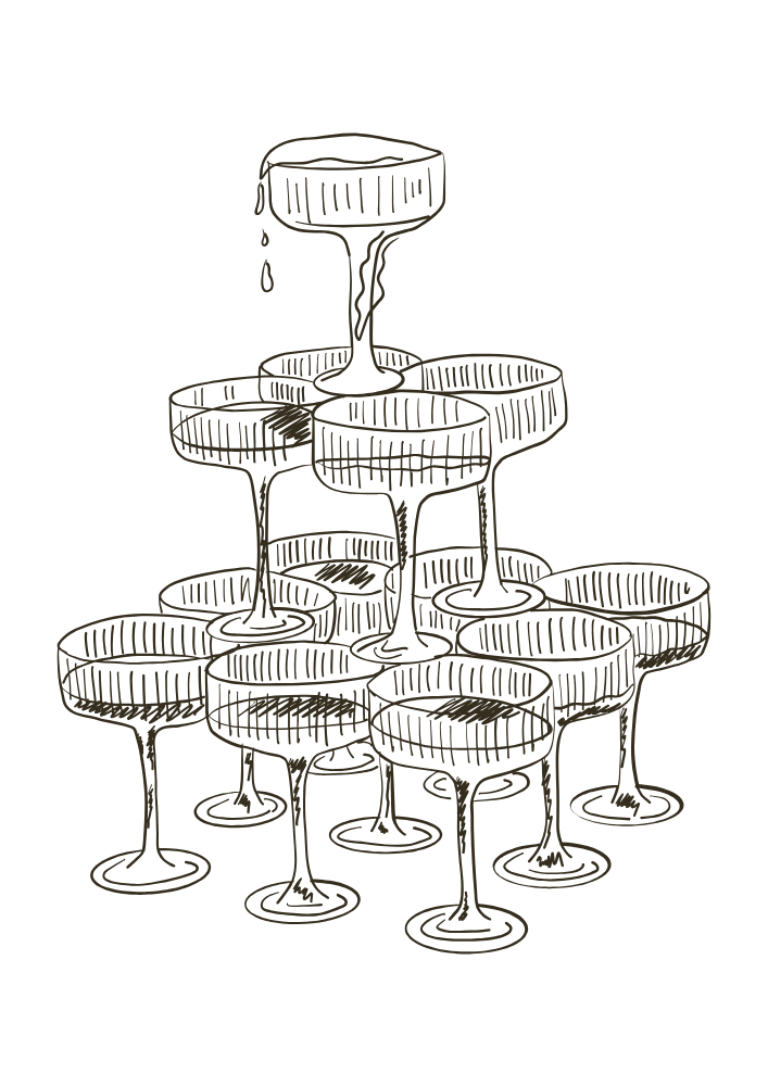 Illustration eines Stapels von Sektgläsern, die übereinander gestapelt sind.