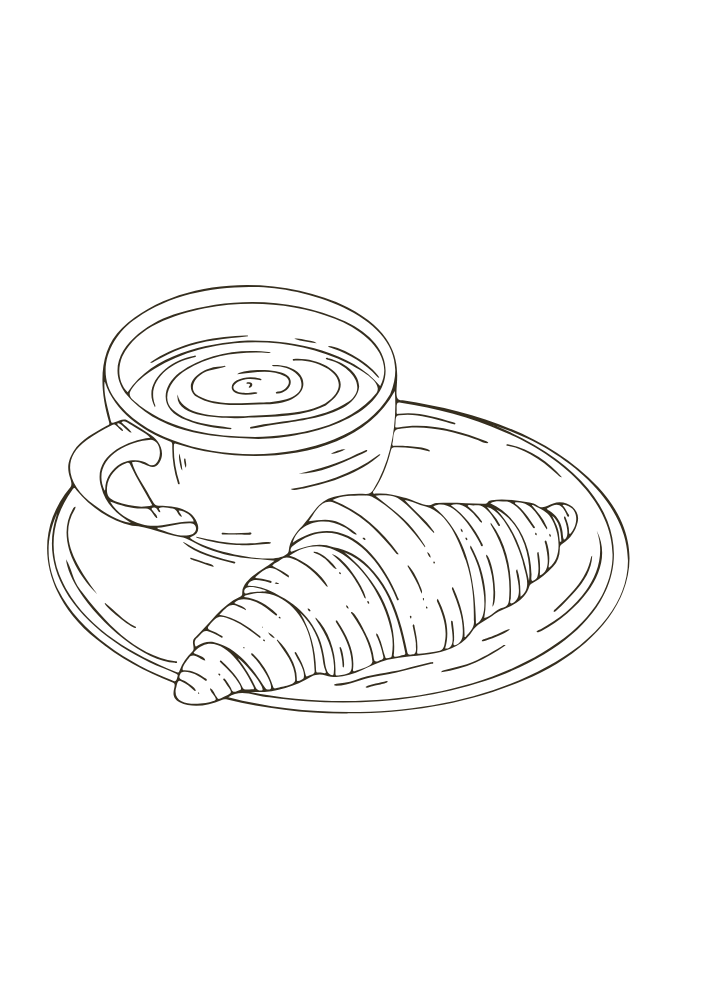 Skizze einer Tasse Kaffee auf einem Teller mit einem Croissant.