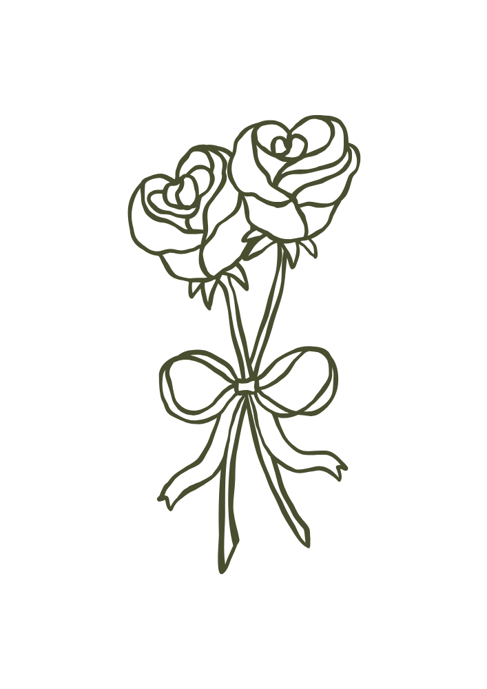 Linienzeichnung von drei Rosen mit einer Schleife, auf schwarzem Hintergrund.