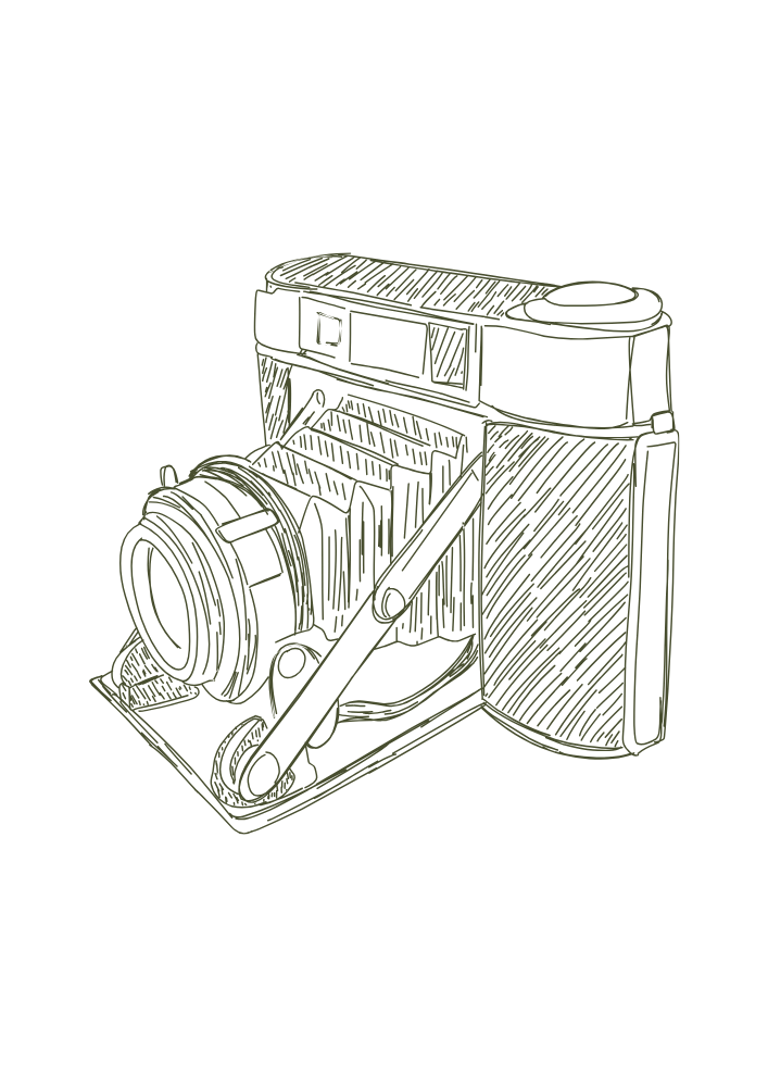 Skizze einer alten Kamera auf schwarzem Hintergrund.