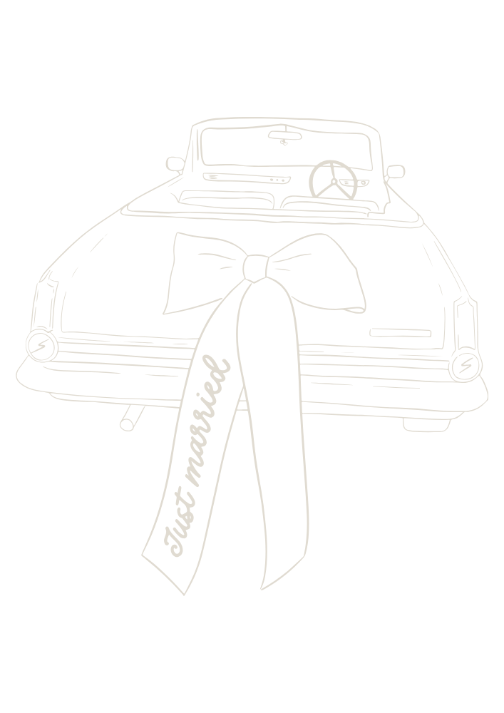 Skizze eines Autos mit einer Schleife und einem Band, auf dem steht 'Just married'.