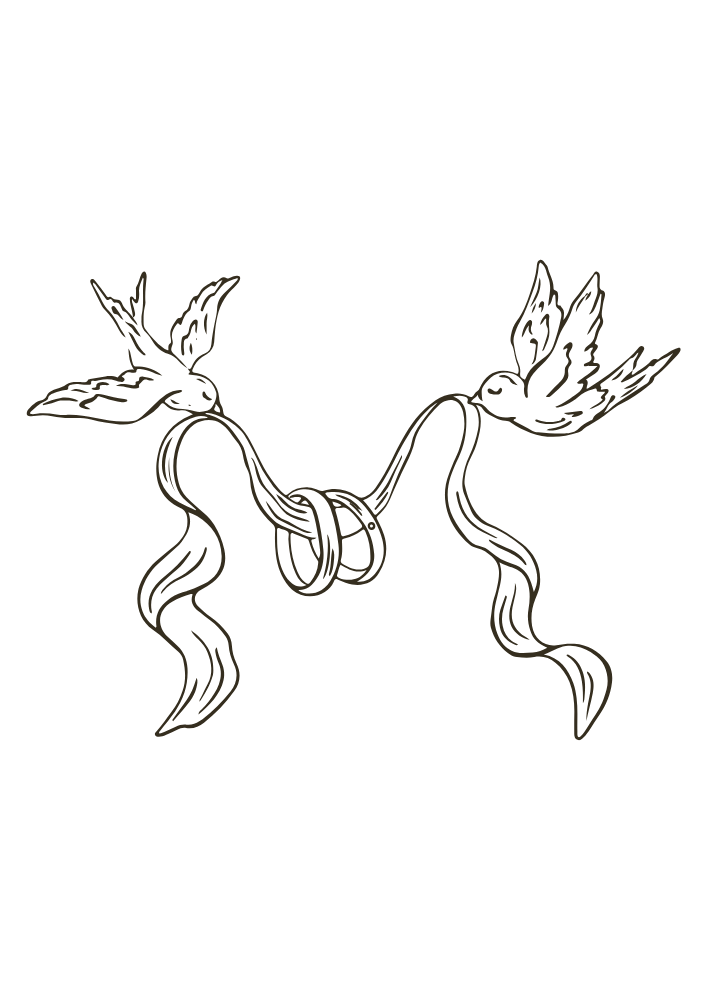 Zwei Vögel fliegen um ein Band, das wie eine Schleife aussieht, mit Blättern an den Enden, auf einem schwarzen Hintergrund.