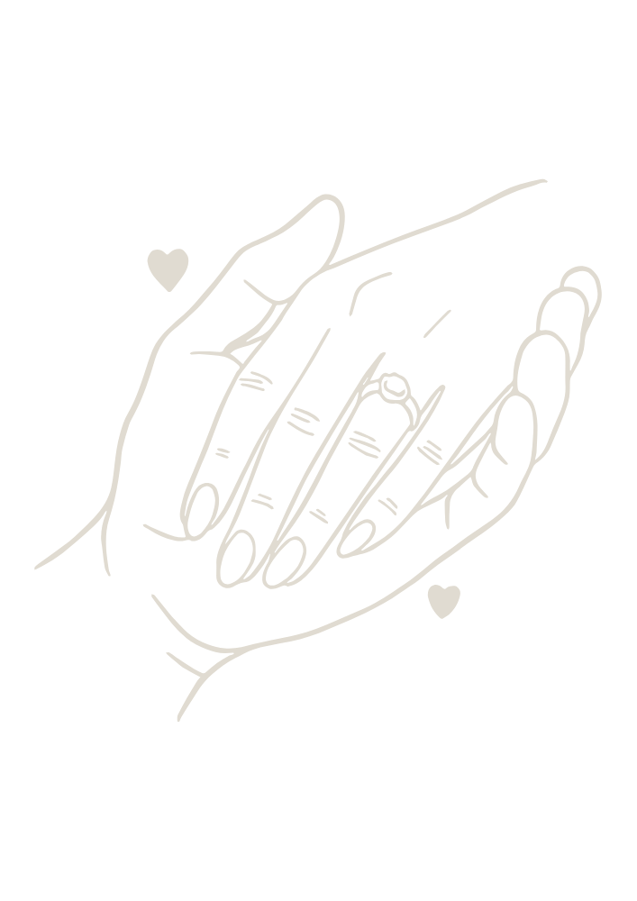 Linienzeichnung zweier Hände, die sich berühren, umgeben von kleinen Herzsymbolen, auf schwarzem Hintergrund.