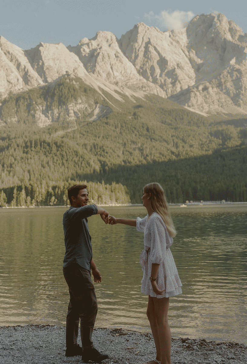 Bräutigam dreht seine Braut in einer Pirouette vor einem See und einem Bergpanorama in Südtirol