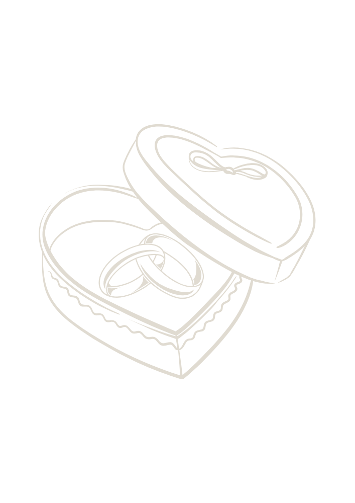 Strichzeichnung eines runden Schmuckkästchens mit Herz-Schloss, geöffnet, mit Ringen innen