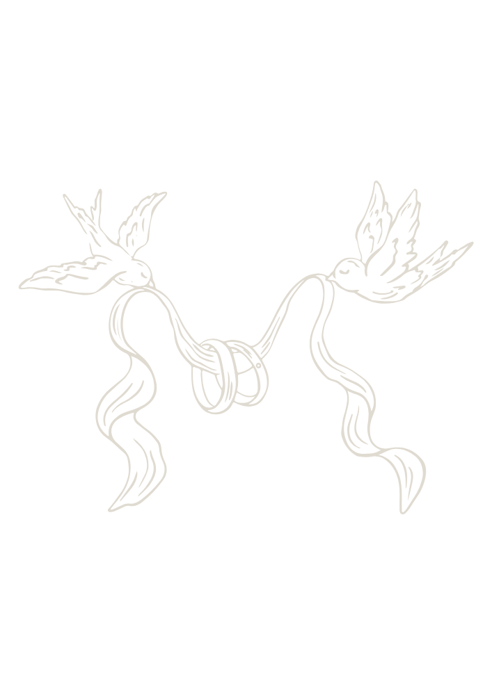 Zwei verliebte Tauben mit Schleifen, die sich gegenüberstehen und einen Ring in der Schnabel halten.