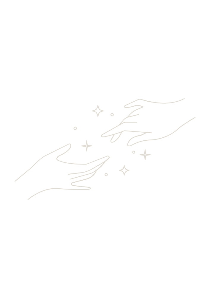 Zwei Hände, die zarten Berührungen ausführen, umgeben von kleinen funkelnden Sternen auf einem schwarzen Hintergrund.