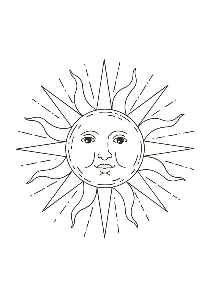 Eine stilisierte Sonne mit einem menschlichen Gesicht in der Mitte, die auf einem schwarzen Hintergrund abgebildet ist.