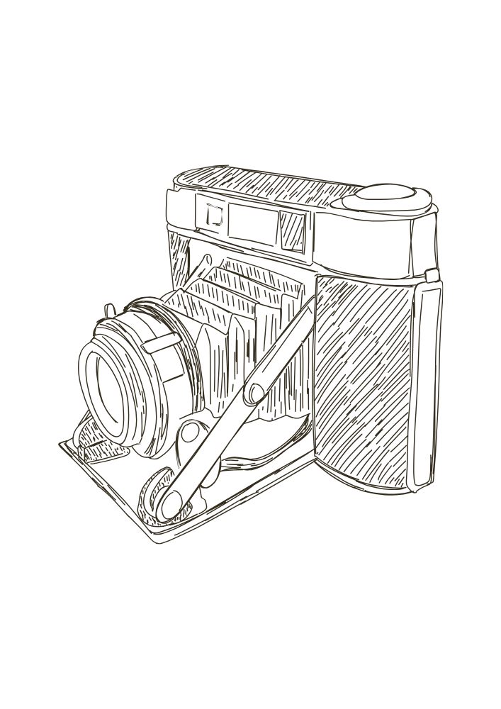 Skizze einer klassischen Kamera im Vintage-Stil, aus Linien gezeichnet.