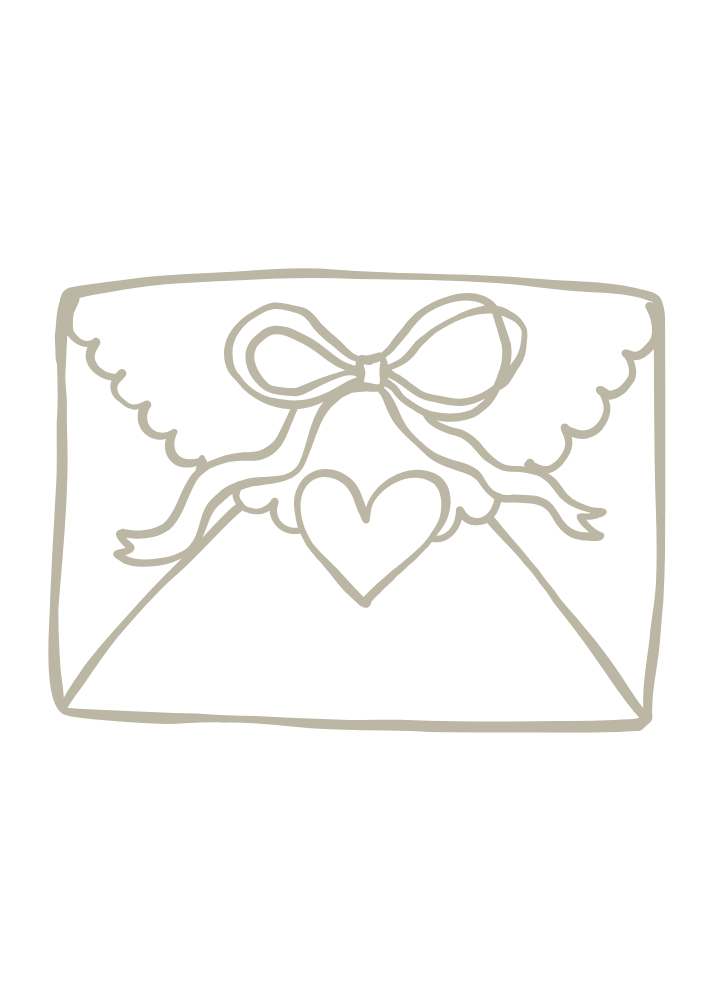 Eine stilisierte Zeichnung eines Briefumschlags mit einer Schleife, einem Herz und Flügeln.