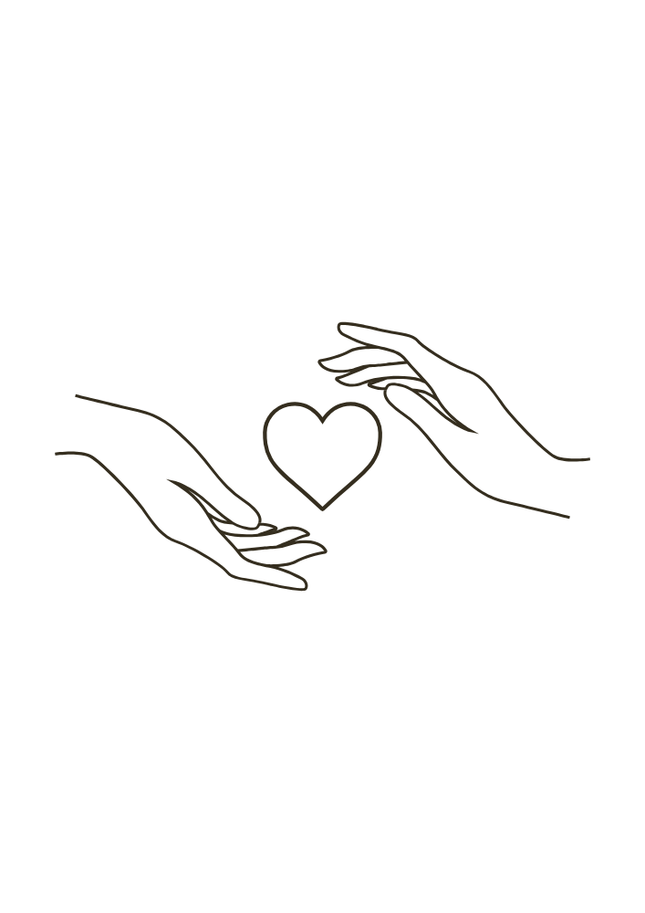 Zwei Hände bewegen sich aufeinander zu, zwischen ihnen ein Herz, alles in dünnen Linien gegen einen schwarzen Hintergrund.