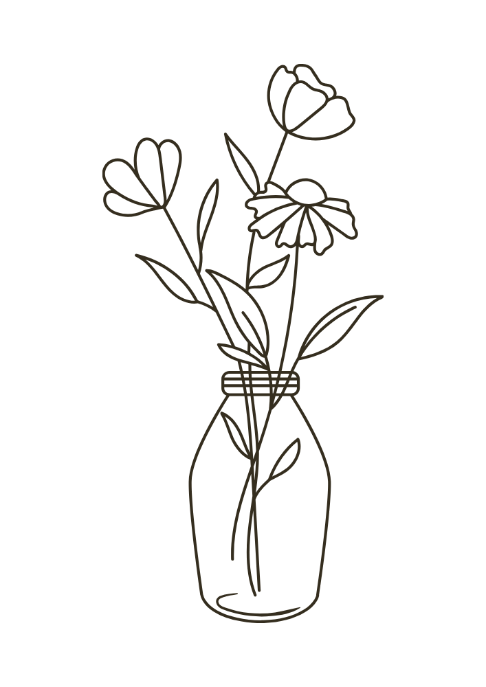 Strichzeichnung einer Vase mit Blumen auf schwarzem Hintergrund.