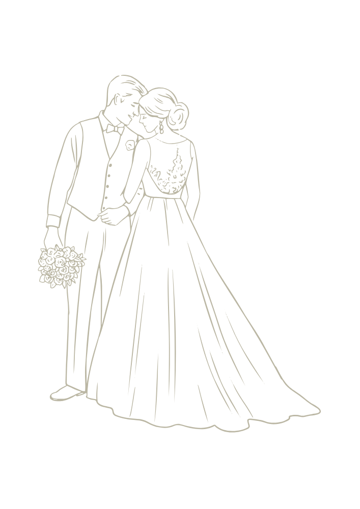 Linienzeichnung eines Brautpaares in Hochzeitskleidung, das sich küsst und Hände hält, mit einem Brautstrauß in der Hand