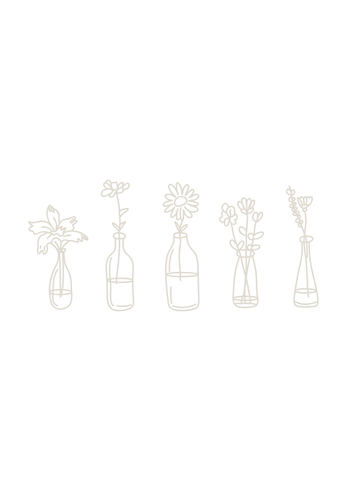 Fünf stilisierte Blumenvasen mit verschiedenen Blumen auf schwarzem Hintergrund, gezeichnet in weißem Strichstil.