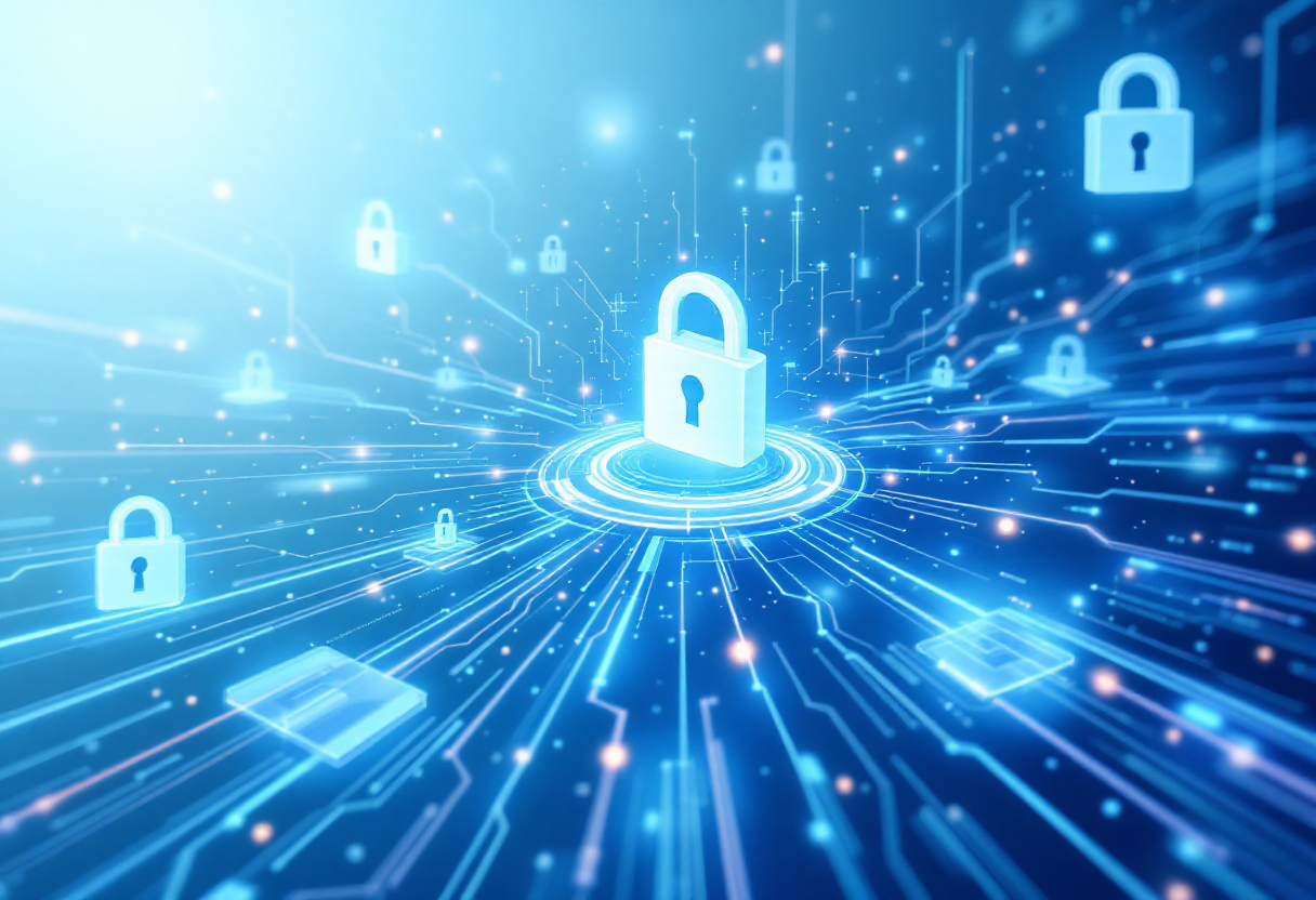 Digital illustration of glowing blue padlocks and circuit lines representing cybersecurity and data security.