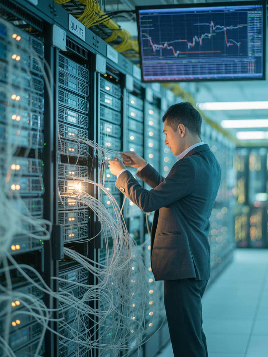 A man in a suit working on server cables in a data center with a large monitor displaying stock or financial data.