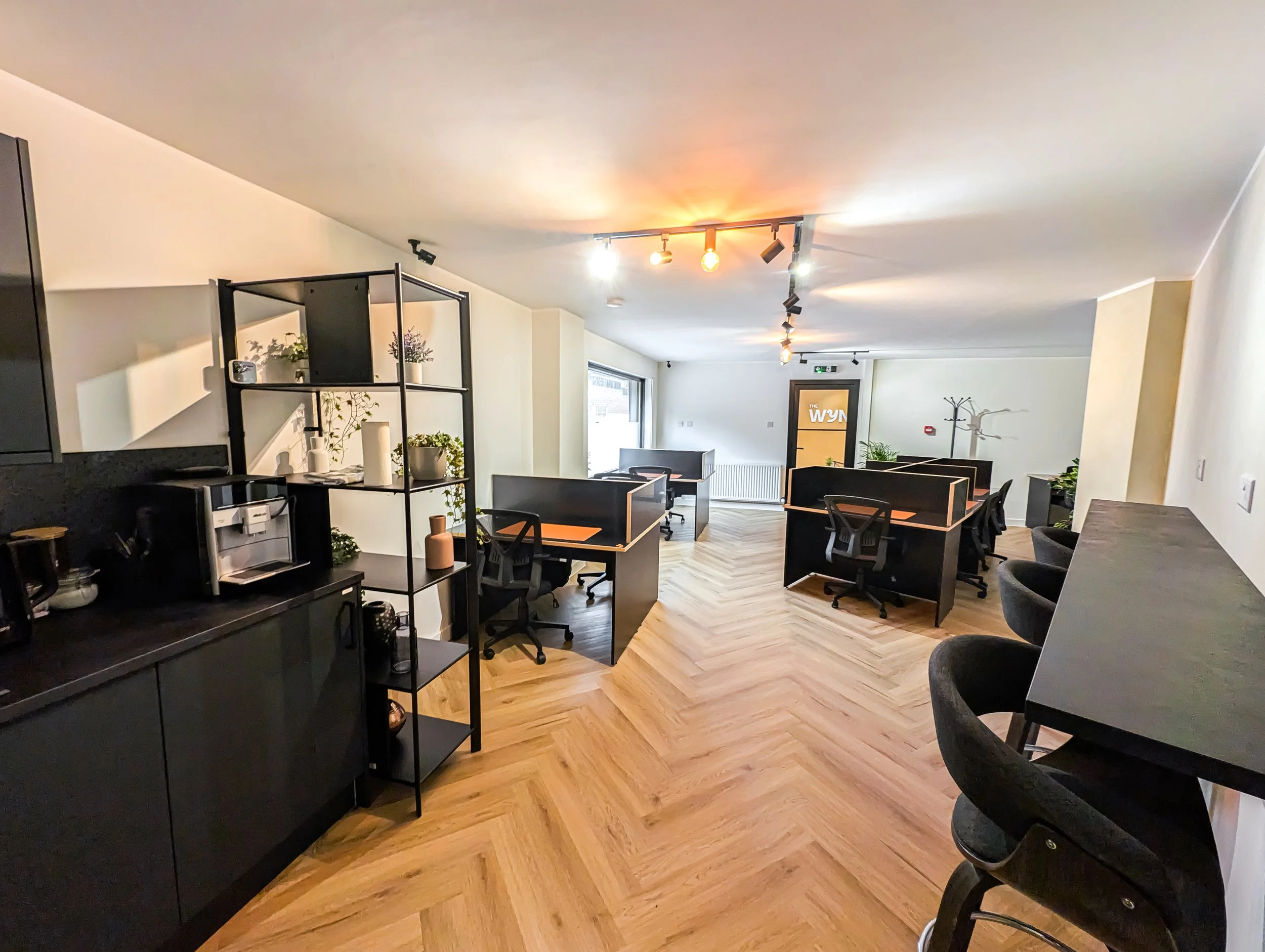 Modern office space with black desks, office chairs, and decor including plants and vases. Light wood herringbone flooring and minimalistic design with track lighting on ceiling.