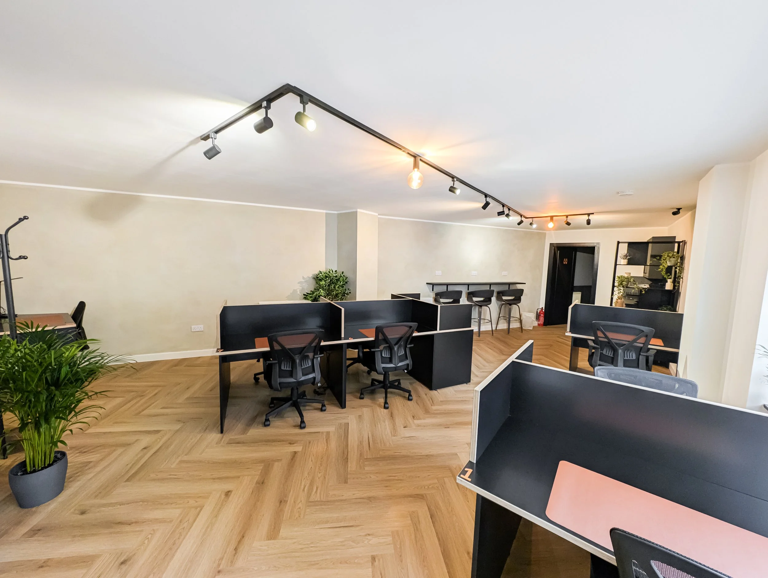 Empty modern coworking space with desks, chairs, plants, and a bar area with barstools.