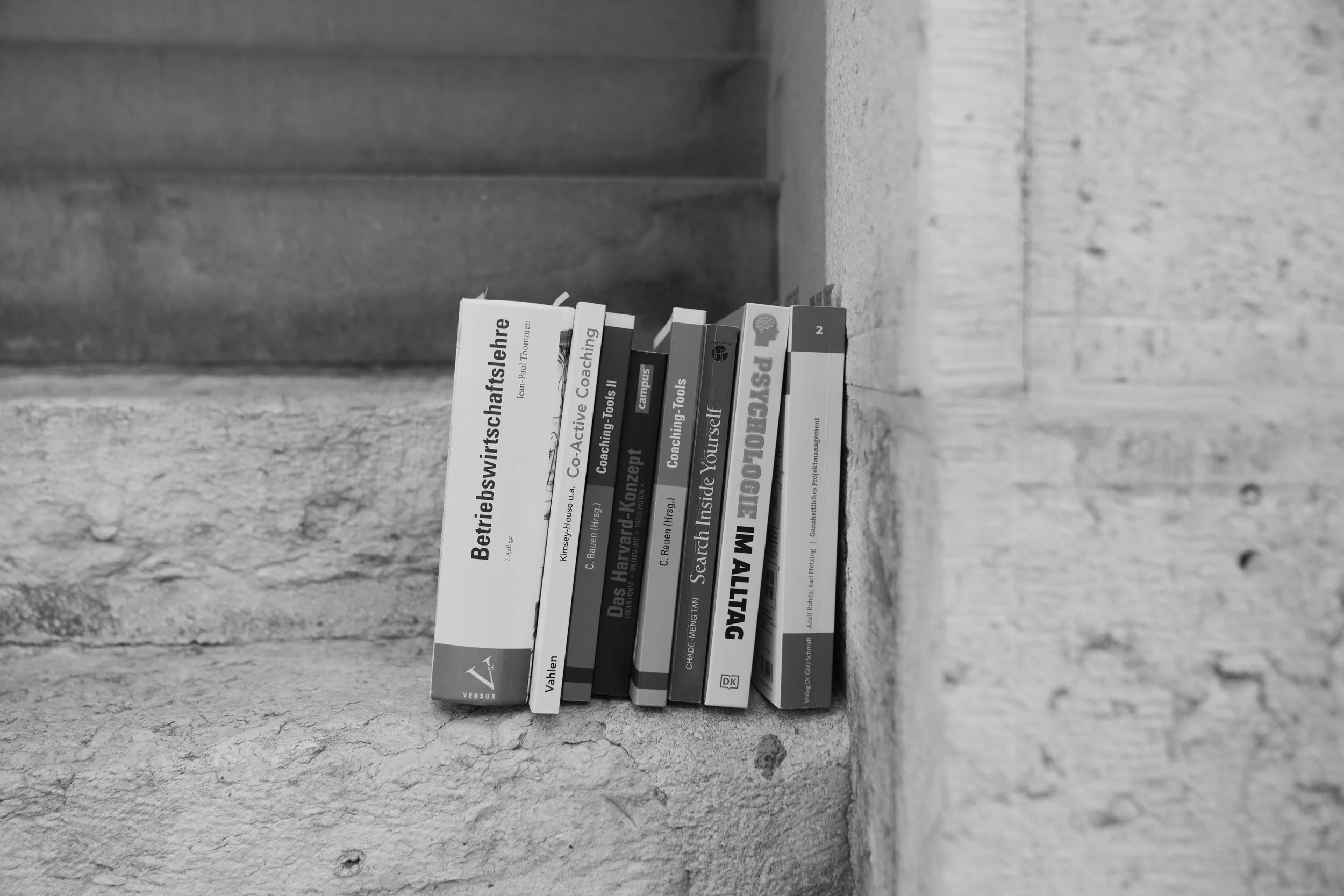 achbücher aufgereiht in Schwarz-Weiss – Leistungsdruck und Orientierungssuche im Studium.