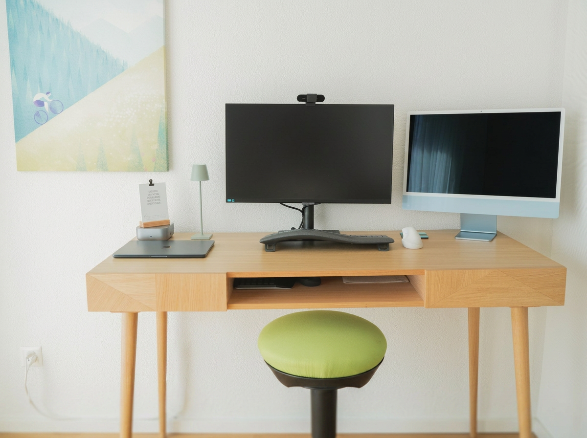chreibtisch mit Monitoren und Webcam im Coaching Raum Hindelbank – bereit für Online Coaching per Videocall.