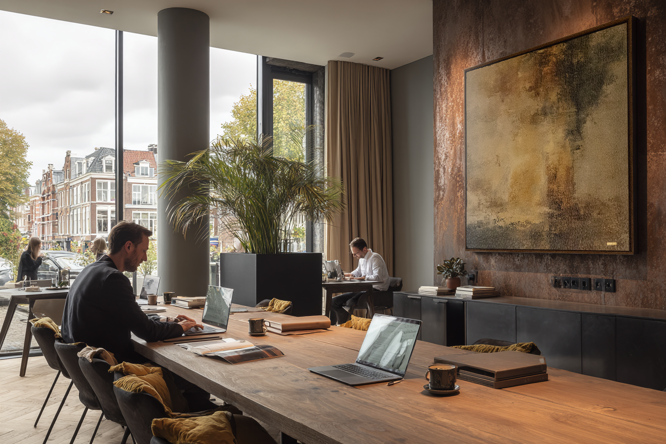 People working on laptops at a long woodworking table in a modern, well-lit cafe or workspace with large windows, outside trees, and artistic wall decor.