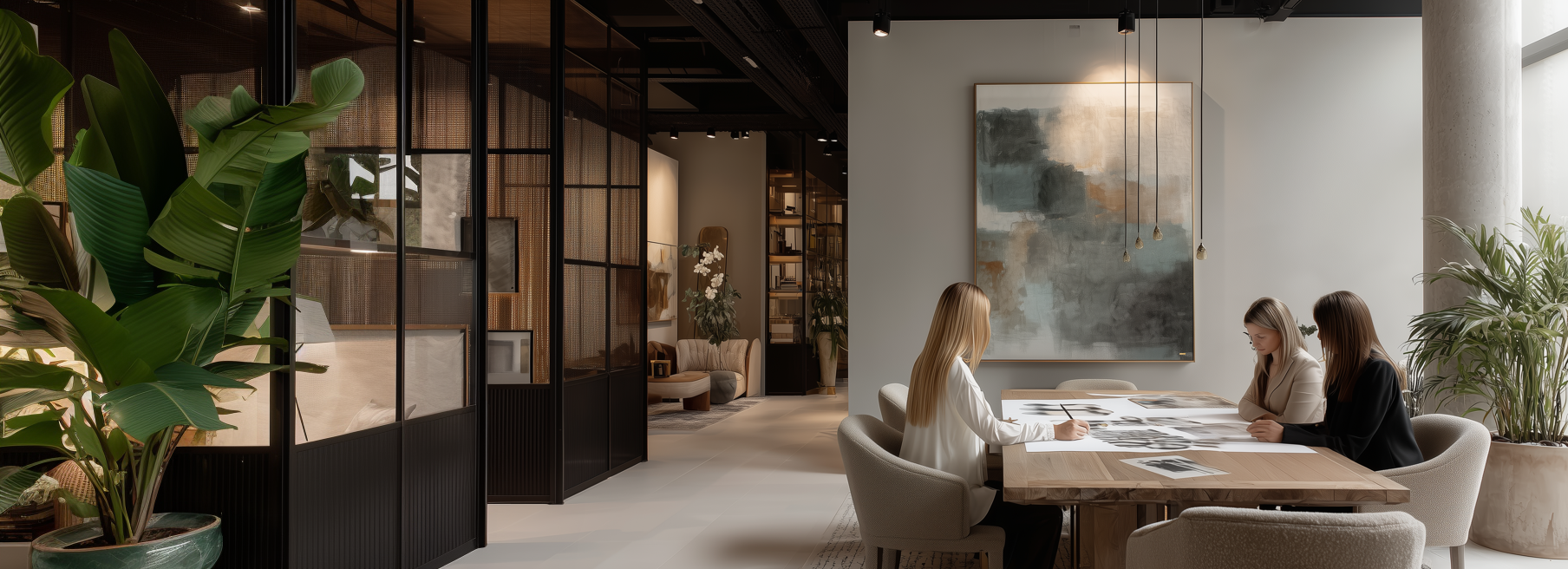 Three women sit at a wooden table in a modern, well-lit office or conference room with minimalist decor, abstract artwork on the wall, and large green potted plants in the background.