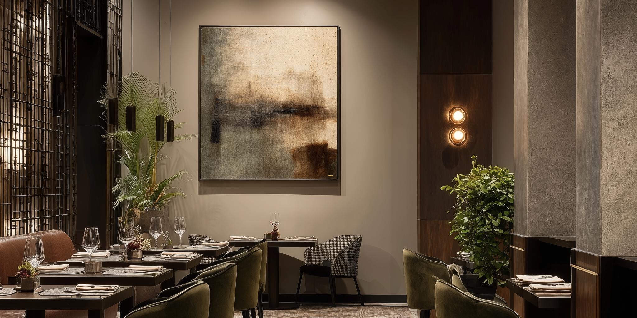 Elegant restaurant interior with tables set with wine glasses, napkins, and small floral arrangements, modern artwork on the wall, and warm lighting with plants and decorative elements.