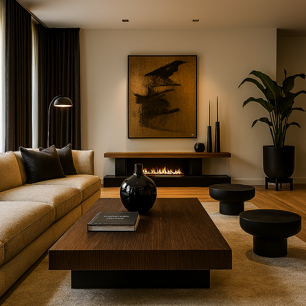 Modern living room with beige sofa, black pillows, black and wood coffee table, black vases on a wood ledge, abstract art on the wall, fireplace, large potted plant, black round stools, and dark curtains.