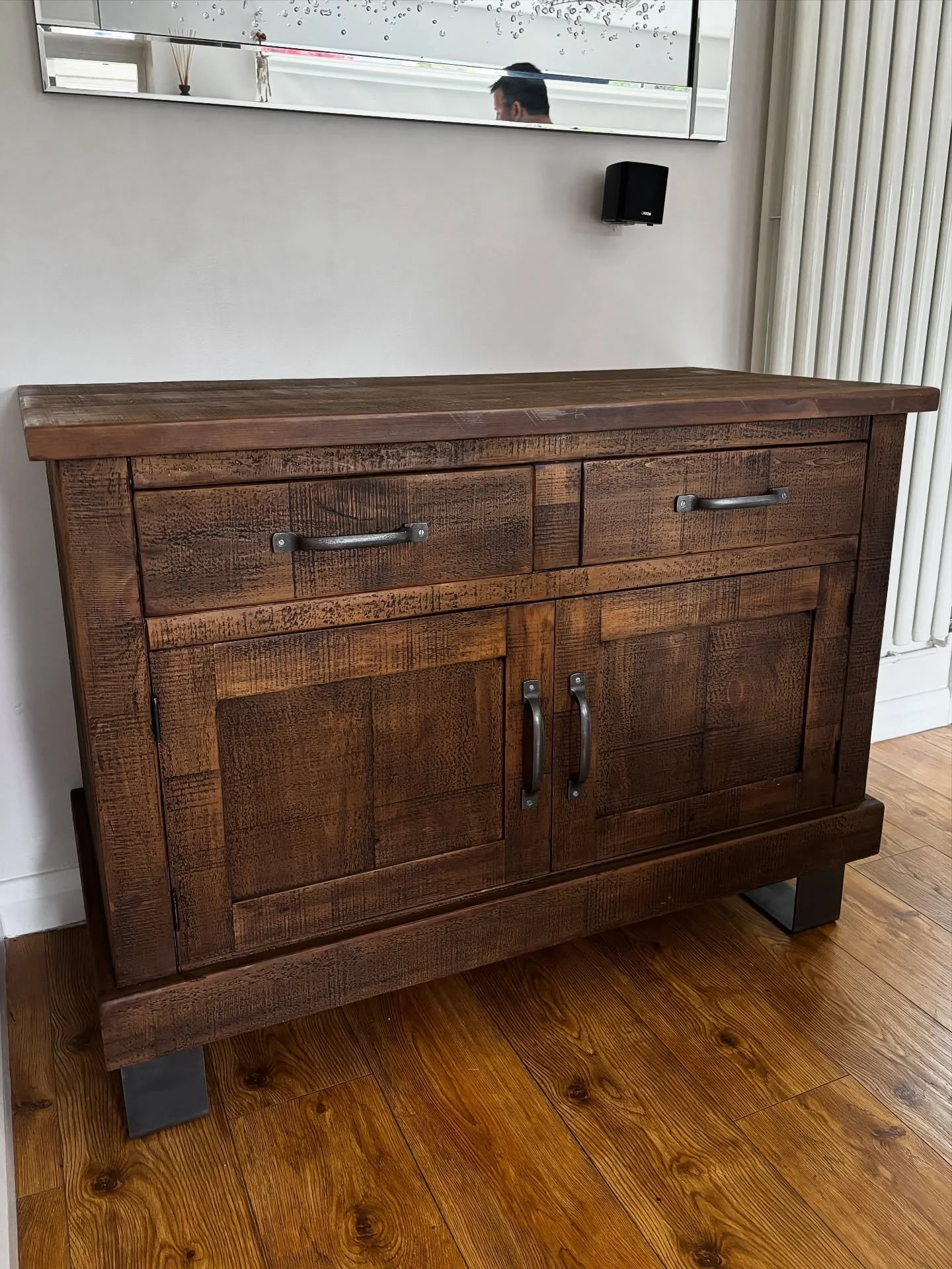 Recently delivered.

Rough sawn dresser base, with metal feet.