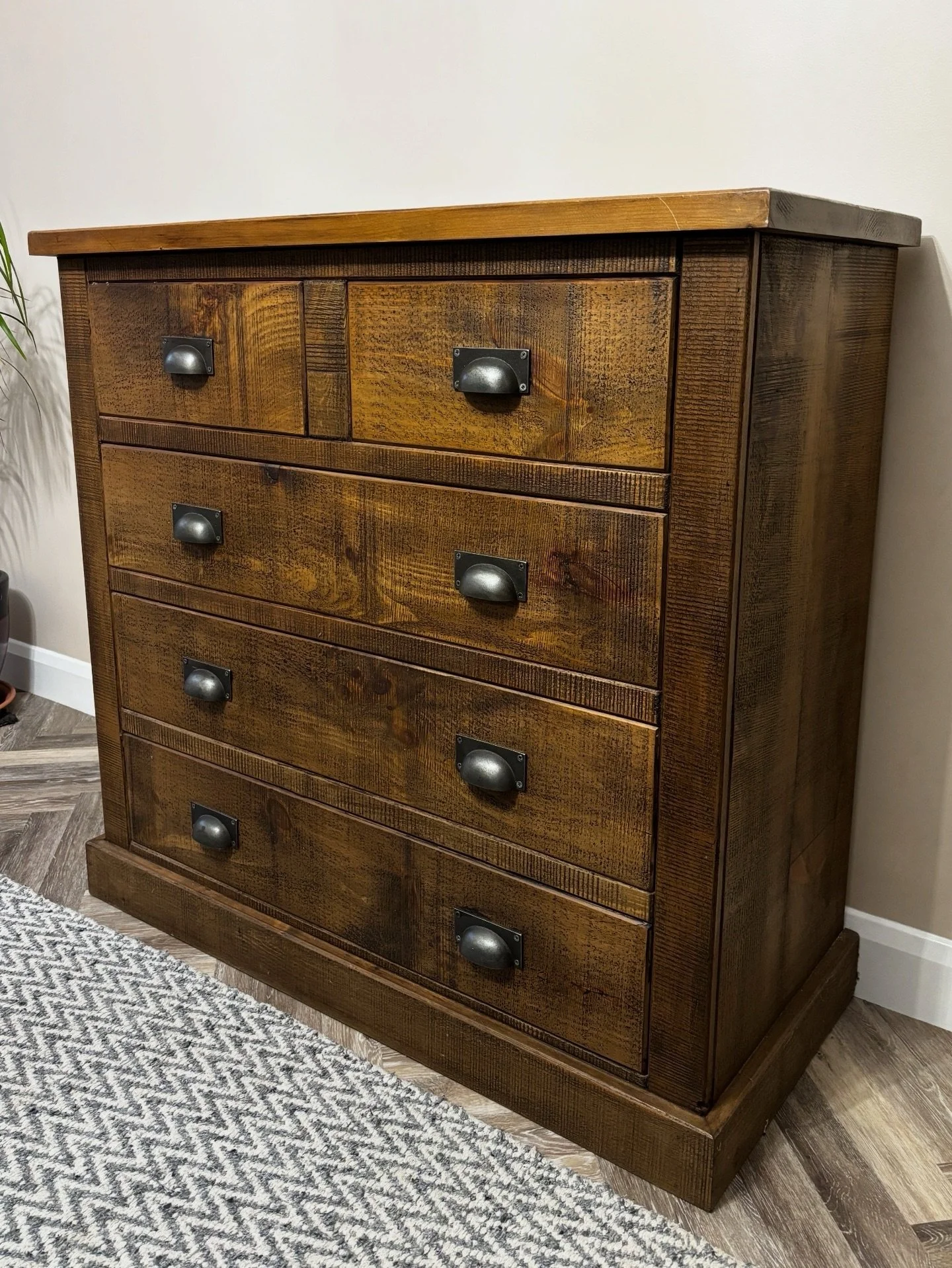 Recently delivered.

This 2 over 3 rough sawn chest of drawers.

Rustic and timeless in any home.