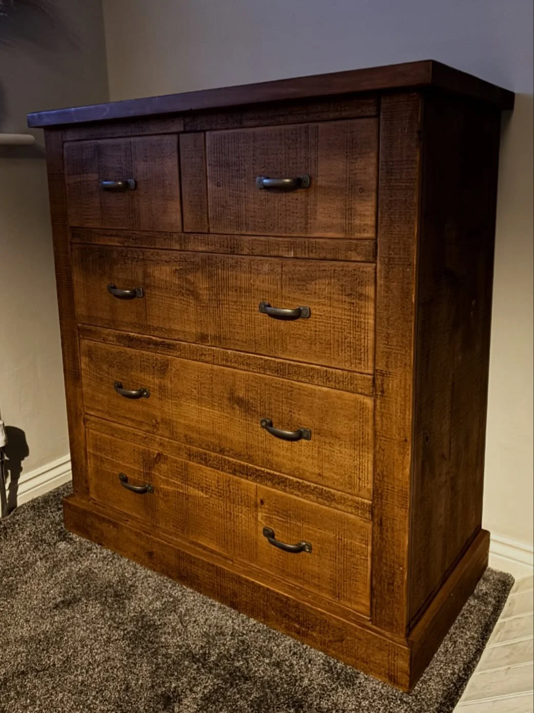 Recently delivered.

This classic 2 over 3 rough sawn chest. Finished in our medium wax.