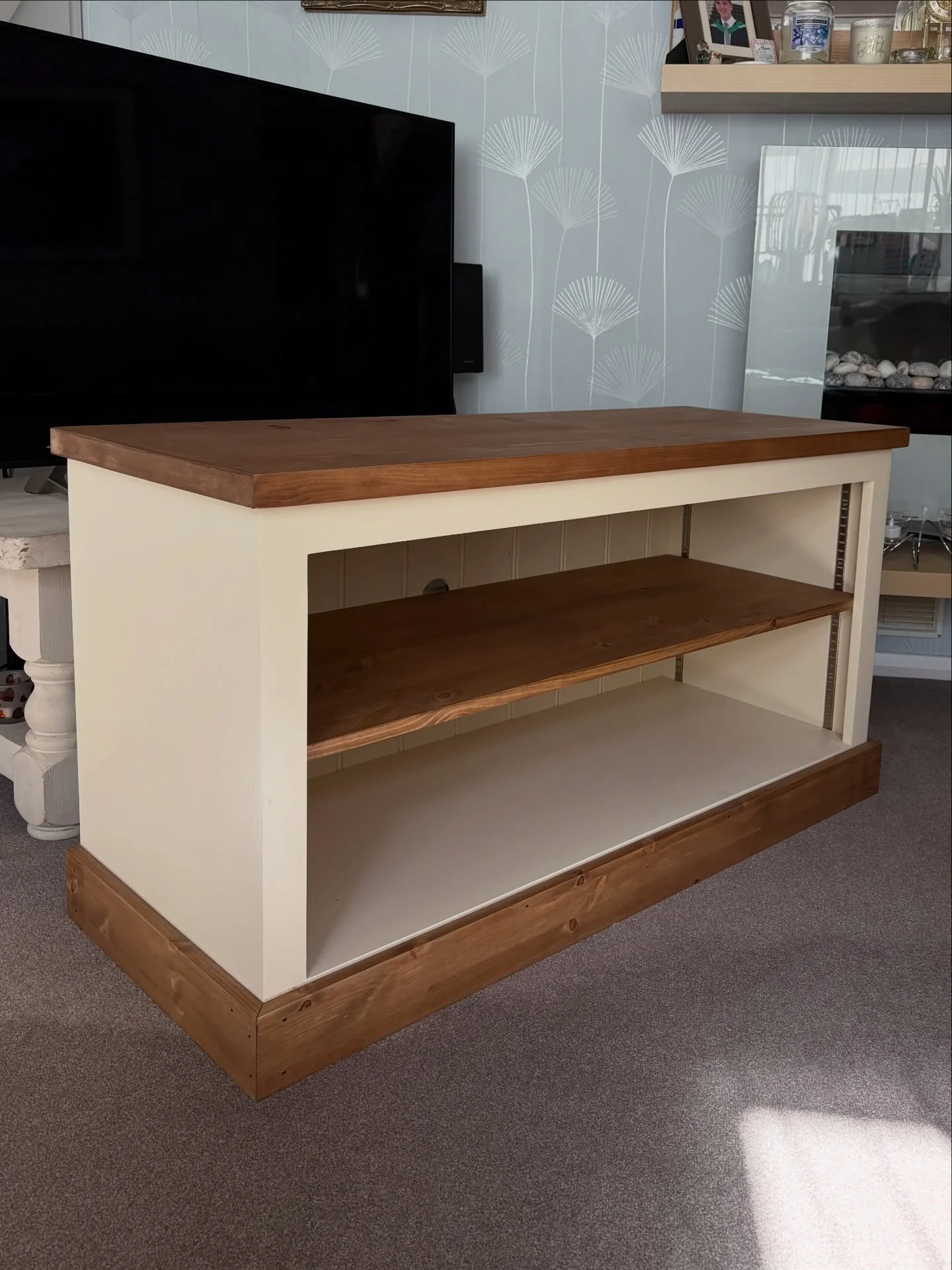 Recently delivered, this classic TV unit.

Finished in this two tone style with a painted body, waxed top, shelve and plinth.

Interested? Drop us a message and let&rsquo;s get your order started.