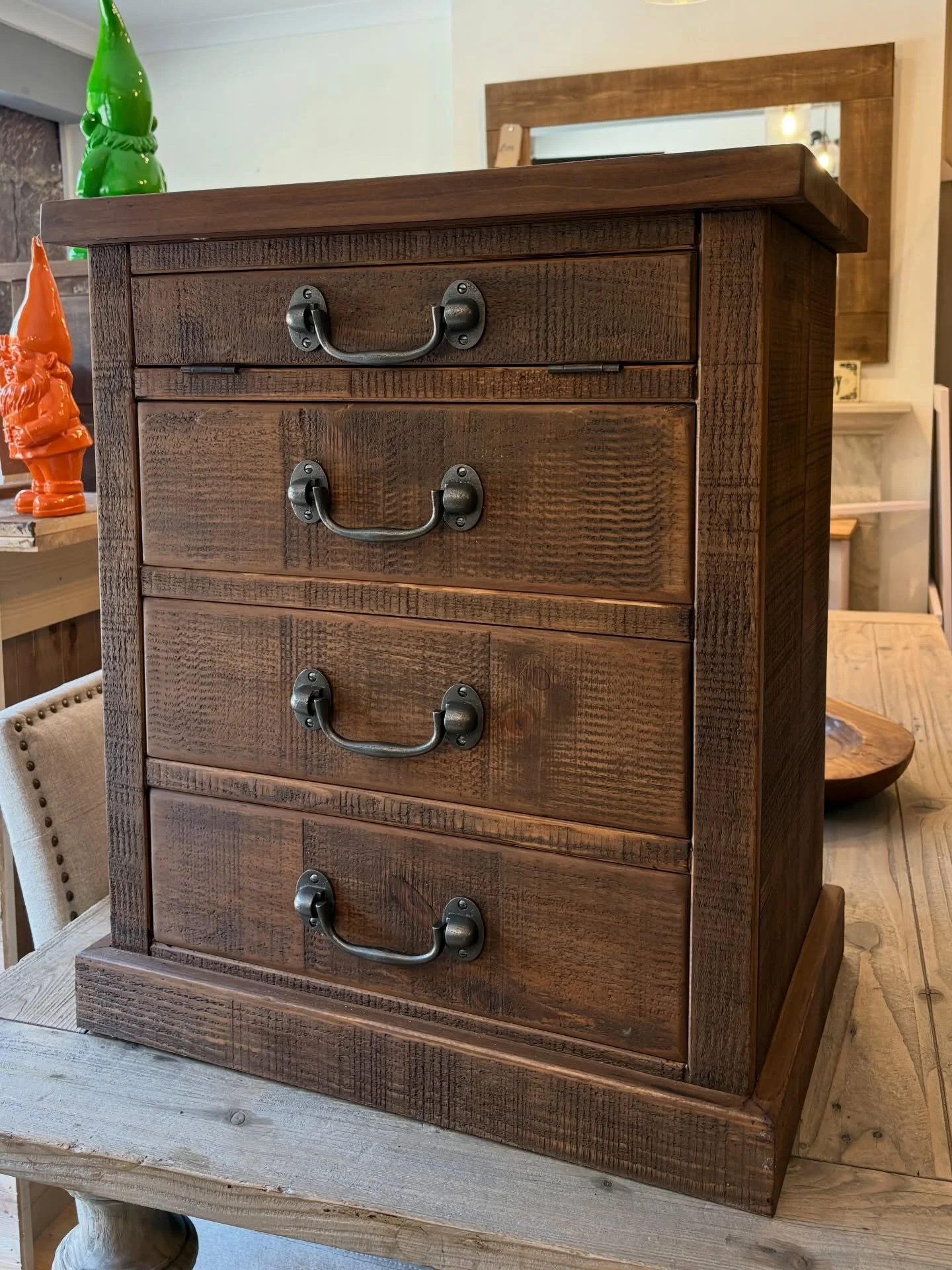 Ready to be delivered.

This neat rough sawn chest of drawers with a hidden space at the top to tuck away a laptop.

Ideal to open at the end of the working day, slide in the laptop and forget about work!