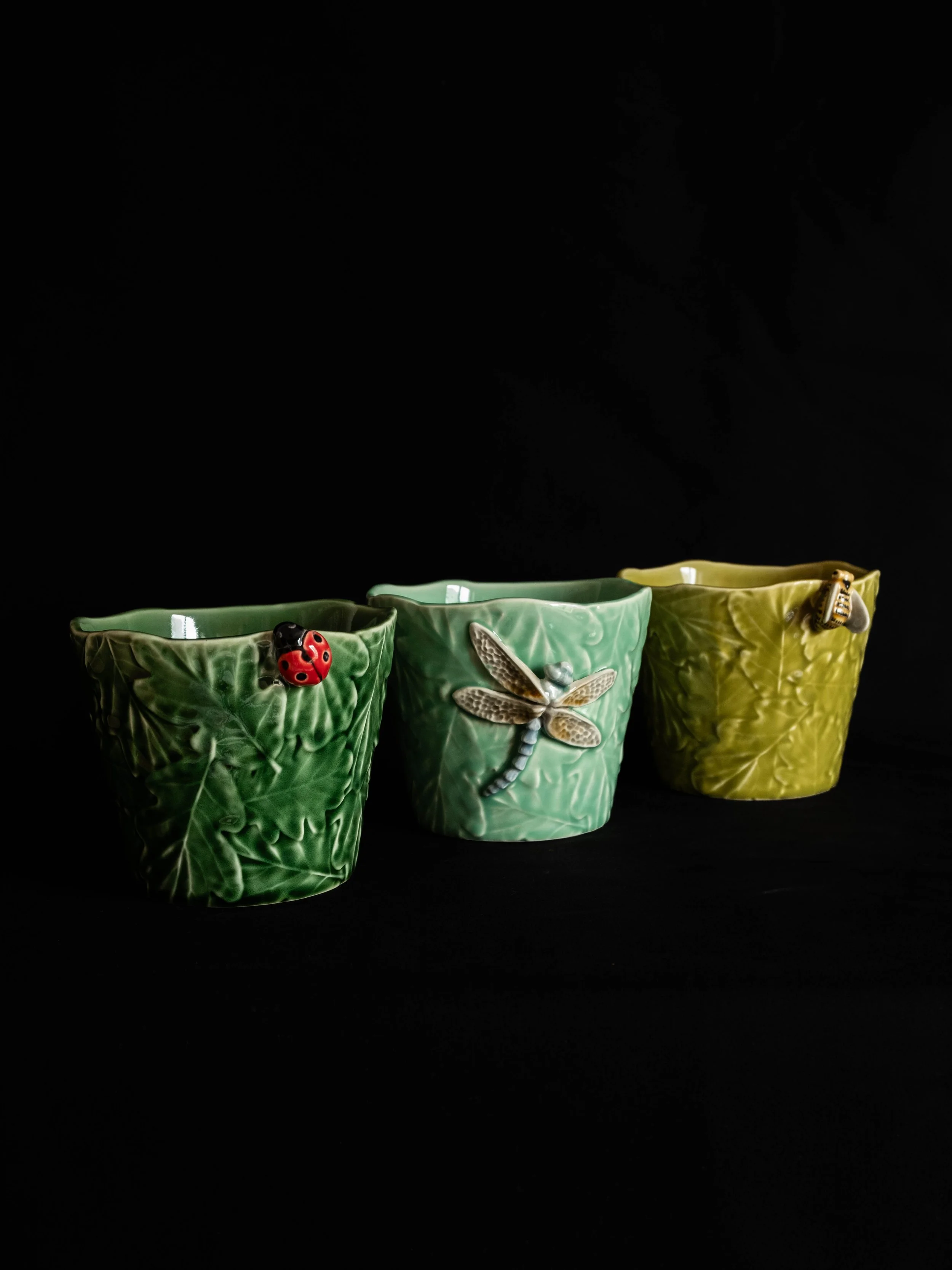 Three ceramic pots with insect and nature decorations, arranged in a row against a black background.