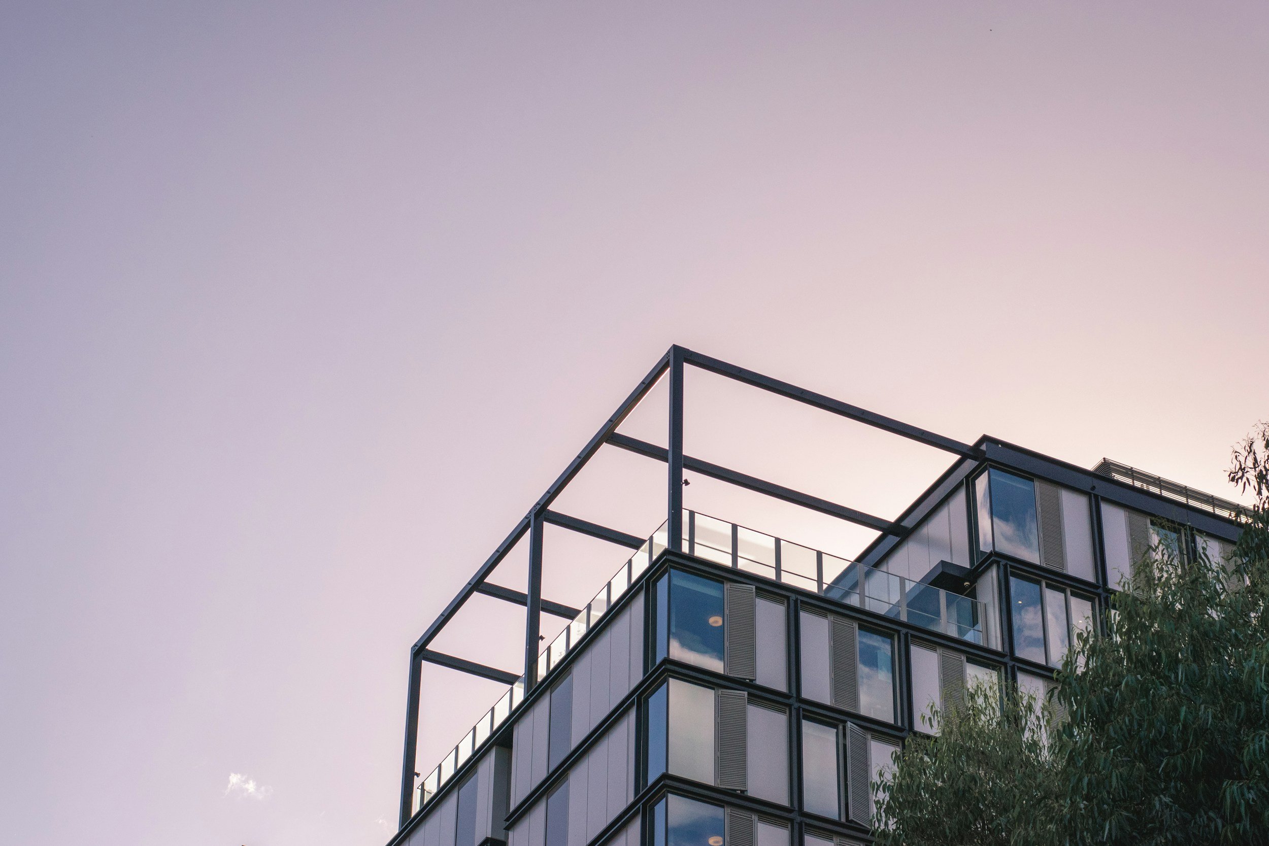 Modern multi-story building with glass windows and metal framing, partially obscured by a tree, against a clear sky at dusk.