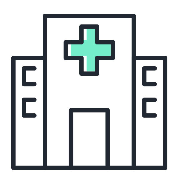 Outline of a building with a large medical cross symbol on top.