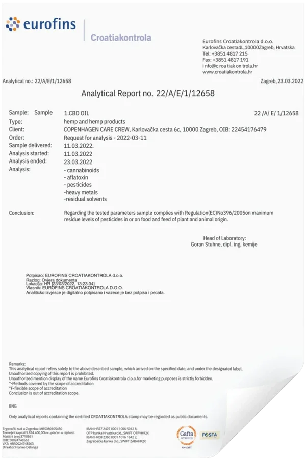 Analytisk rapport om CBD olie, udarbejdet af Eurofins Croatiakontrola, med testresultater for pesticider, kanabinoider og tungmetaller.