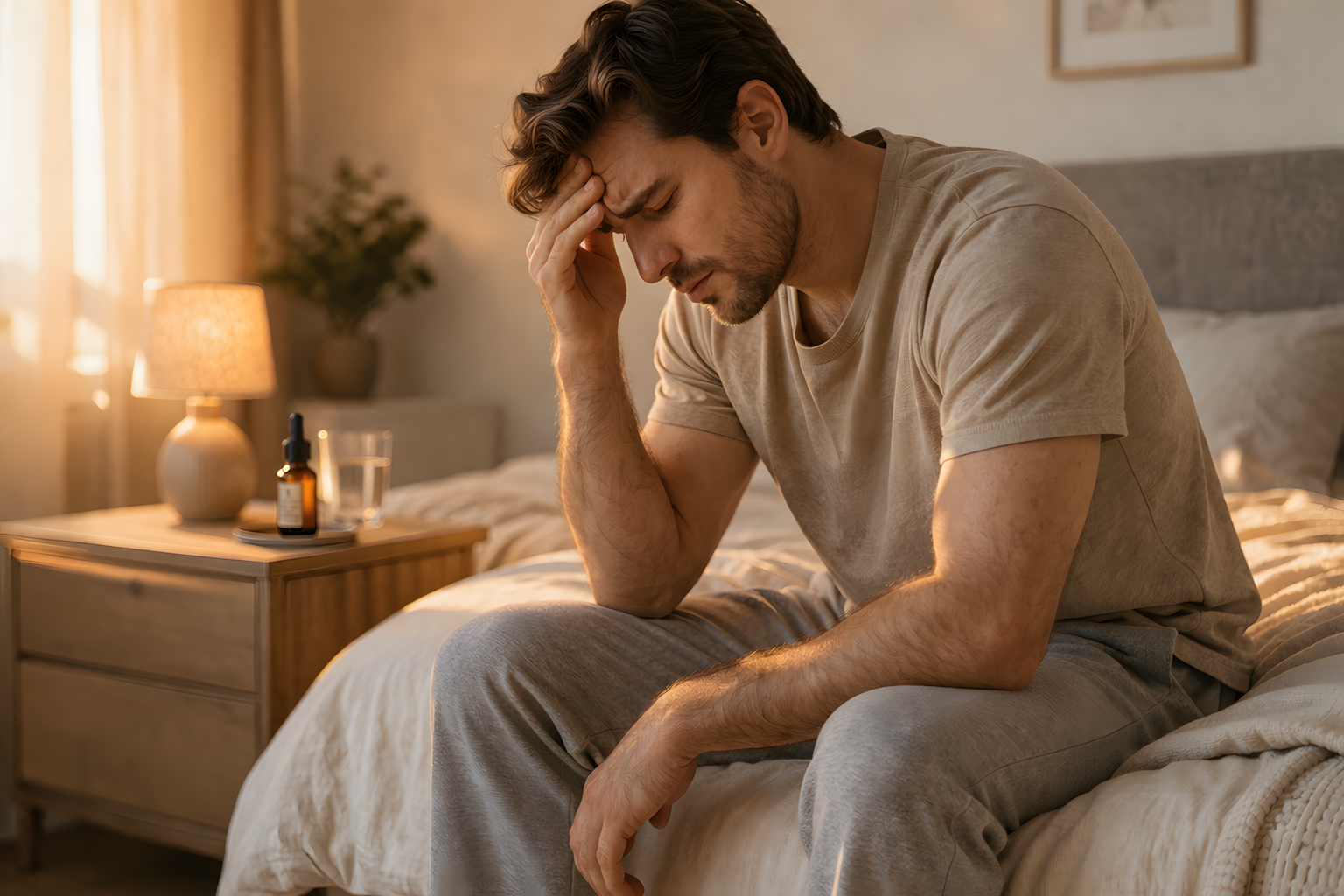 Mand sidder på sengen med hand combineret i panden, ser nedad i et soveværelse med blødt lys og medicin på natbordet.